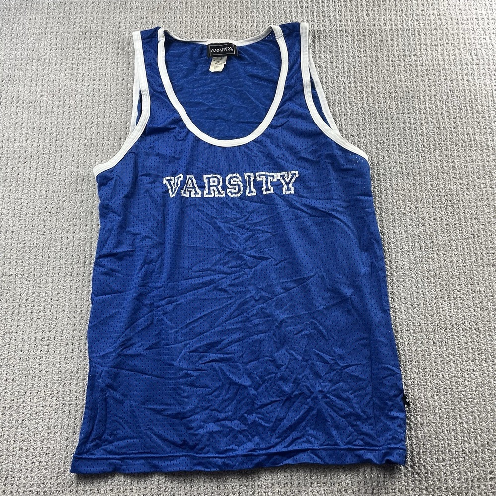 Andrew Christian Mesh Tank Top Varsity Graphic Blue Sleeveless Shirt Men's Large